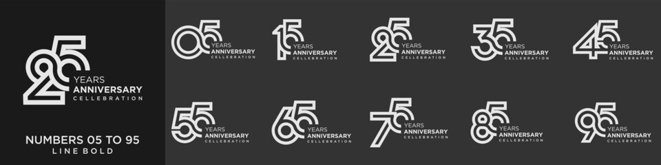 collection anniversary 15 to 95 year, creative number design vector illustration.