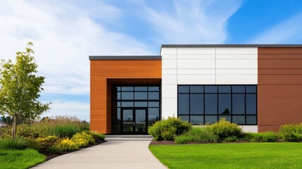 Fototapeta premium Modern Commercial Building Showcasing Clean Lines and a Sleek Aesthetic in Urban Architecture