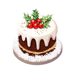 Traditional Christmas Cake with Red Berries. Holiday Cake with Icing and Holly Leaves