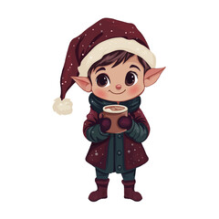 Adorable Winter Elf with Hot Chocolate. Festive Elf Character in Holiday Outfit