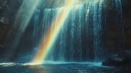Waterfall With Rainbow And Sunlight