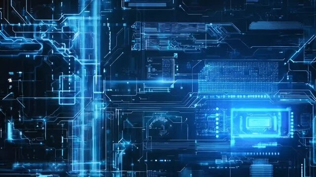 A digital abstract background featuring intricate blue circuitry and glowing elements, symbolizing technology and innovation.
