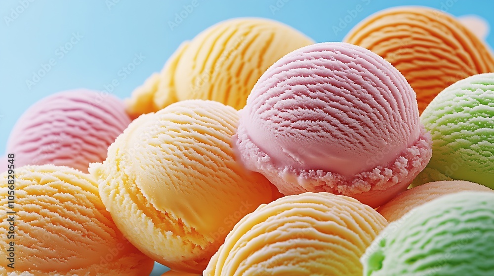 Poster variety of colorful ice cream scoops highlighted on blue sky : generative ai
