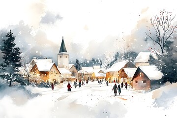 Fototapeta premium Festive Winter Watercolor of Snowy Village Carol Singing in Town Square