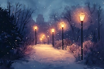 Illuminated Winter Pathway Through Serene Snowy Landscape in Painting Style