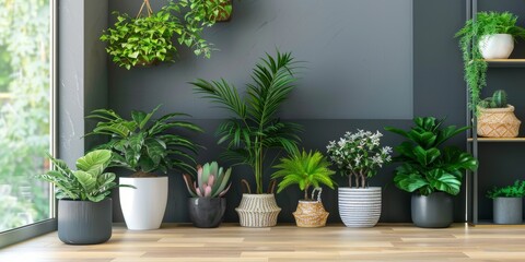 A variety of indoor plants in stylish pots arranged on a wooden floor against a dark wall, creating a modern and fresh interior decor.