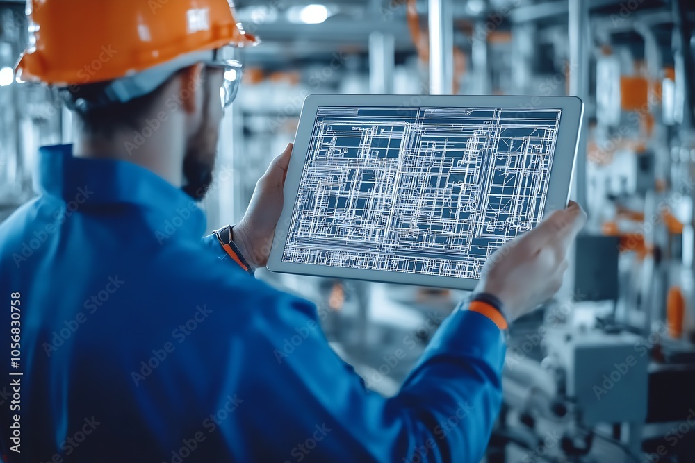 Poster construction supervisor reviewing engineering plans on electronic device in factory : generative ai