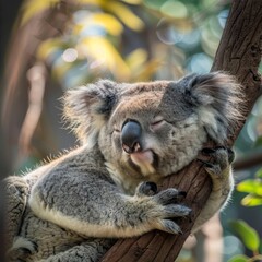 Obraz premium A koala is sleeping on a tree branch. The koala is curled up and has its head resting on the branch
