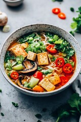 Freshly prepared vegetable noodle soup with tofu and colorful toppings in a rustic bowl on a textured surface
