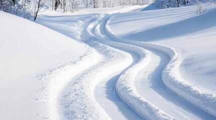 Fototapeta premium Majestic Winter Wonderland: Snow-Covered Trail with Ski Tracks Stretching to Infinity, Perfect for Winter Sports Enthusiasts