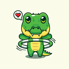 Crocodile playing hula hoop cartoon vector illustration.