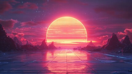 Obraz premium Vibrant Retro Synthwave Sunset Background