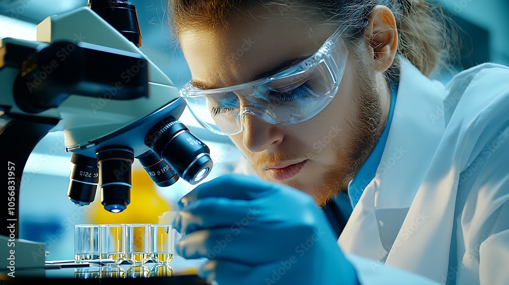 Aufkleber Dedicated Researcher Observing Samples Under Microscope in High-Tech Science Lab : Generative AI