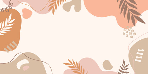 Neutral organic shapes modern background. Minimal banner with organic curvy shapes and leaves for advertising, ads, presentations, social media
