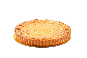 Round homemade pie, cake, gluten free, on white background, with nuts on top
