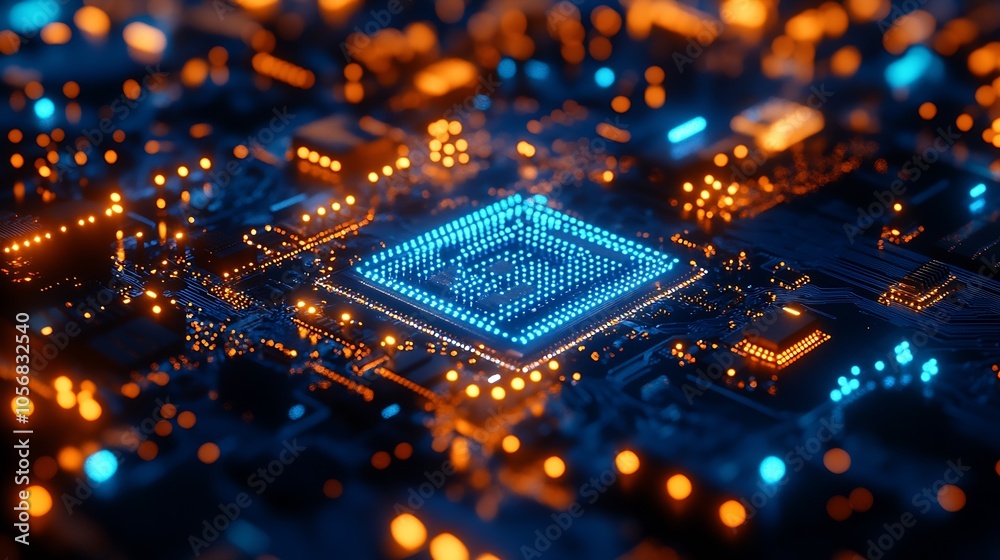 Poster Futuristic Blue and Orange Computer Circuit Board with Glowing Microchip Technology : Generative AI