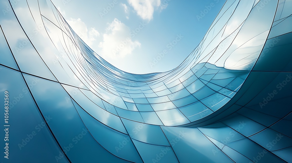 Aufkleber dynamic wavy glass facade skyscraper with reflective windows and blue sky background : generative ai