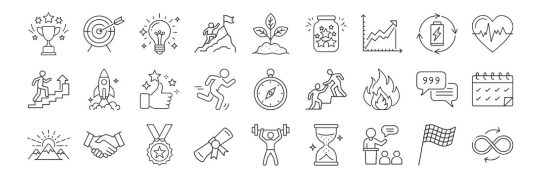 Motivation line icon set. Vector pictograms of personal growth, goal setting, perseverance, achievement, rocket launching, teamwork, passion, thumbs up thin linear illustration.