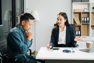 Capturing a cheerful business consultation scene with smiling professionals, perfect for illustrating corporate success, teamwork,