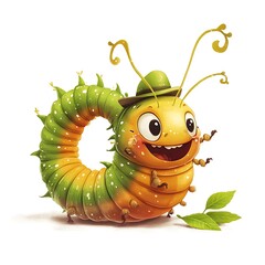A whimsical cartoon caterpillar with a big grin, wearing a tiny hat while munching on a leaf on a white background.