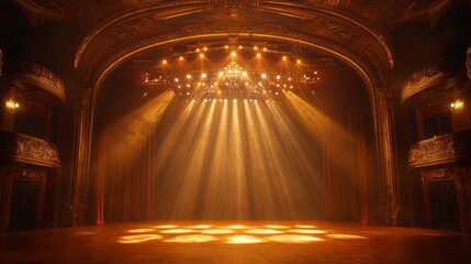 Obraz premium An Empty Theater Stage with Gold Accents and Spotlight Beams