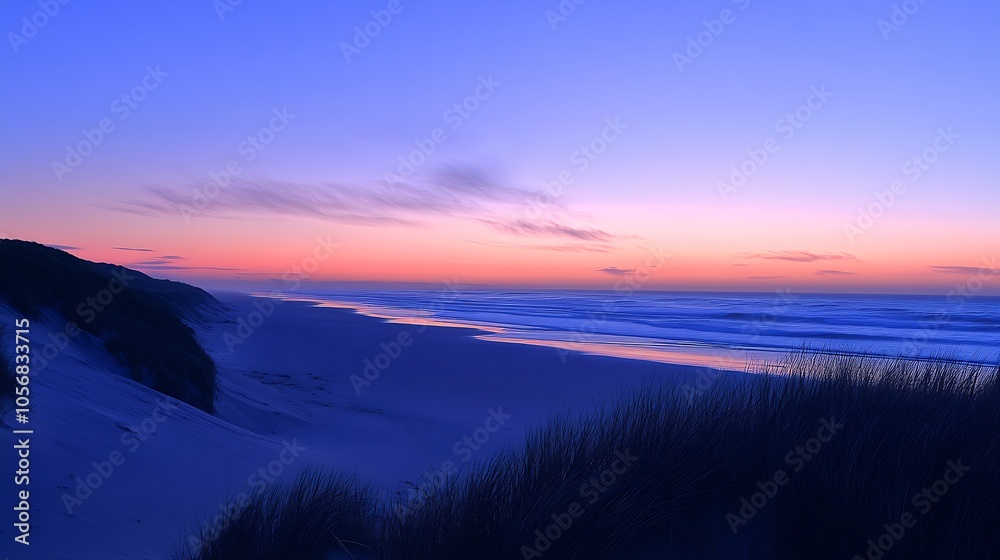 Aufkleber serene coastal sunset on a tranquil beach with azure sky and ambient atmosphere : generative ai