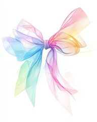 Pastel rainbow watercolor bow, gentle color transitions, flowing ribbon ends, white backdrop,...