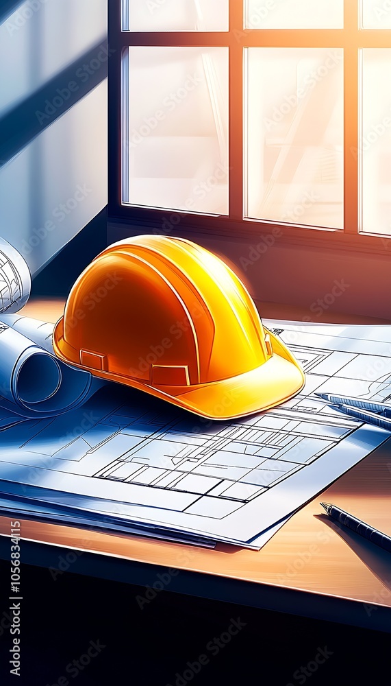 Poster Architectural Workspace with Hard Hat and Blueprints Illuminated by Natural Light : Generative AI