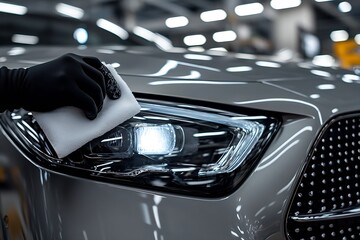Detailing a Luxury Car Headlight with Professional Care in a Busy Automotive Service Center : Generative AI