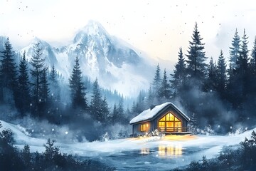 Fototapeta premium Cozy Cabin Nestled in Snowy Winter Wonderland with Glowing Lights and Towering Pine Trees