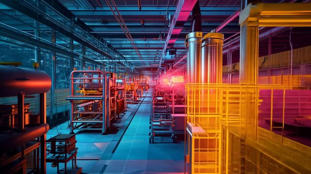 Heatmap of a factory floor, with warm colors highlighting areas of high activity and heat, cooler tones representing less active or air-conditioned zones. . Video