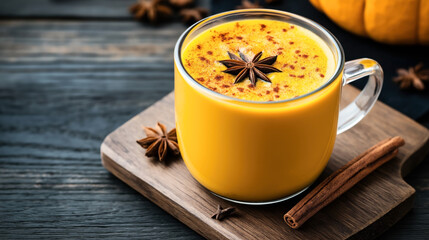Glass cup of pumpkin spice latte with star anise and cinnamon stick on wooden board