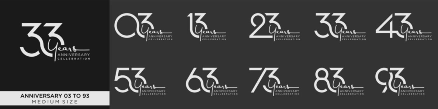 collection anniversary 13 to 93 year, creative number design vector illustration.