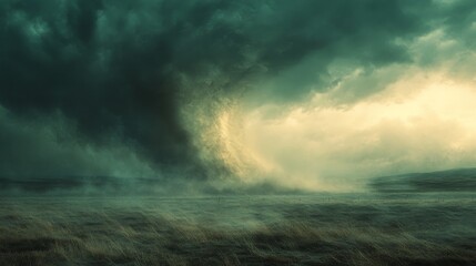 A Tornado Approaches a Field with a Misty Atmosphere