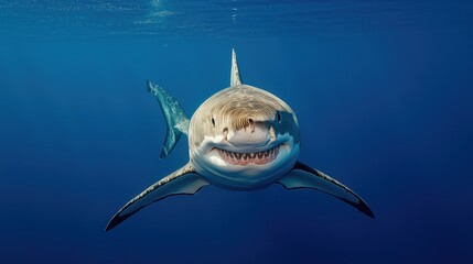 Close-up of a great white shark swimming underwater in clear blue ocean with a focus on the shark's face and sharp teeth