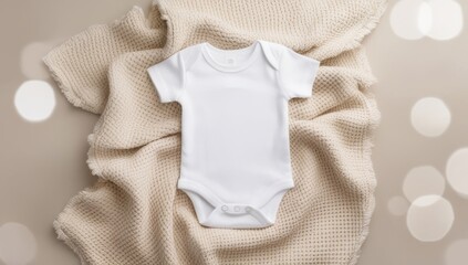 White baby short sleeve bodysuit mockup for presentation cute sublimation designs. bodysuit on textured knit blanket
