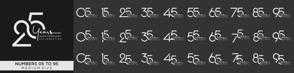 collection anniversary 15 to 95 year, creative number design vector illustration.