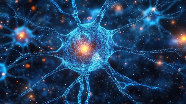 Nerve cell blue color banner, system neuron of brain with synapses