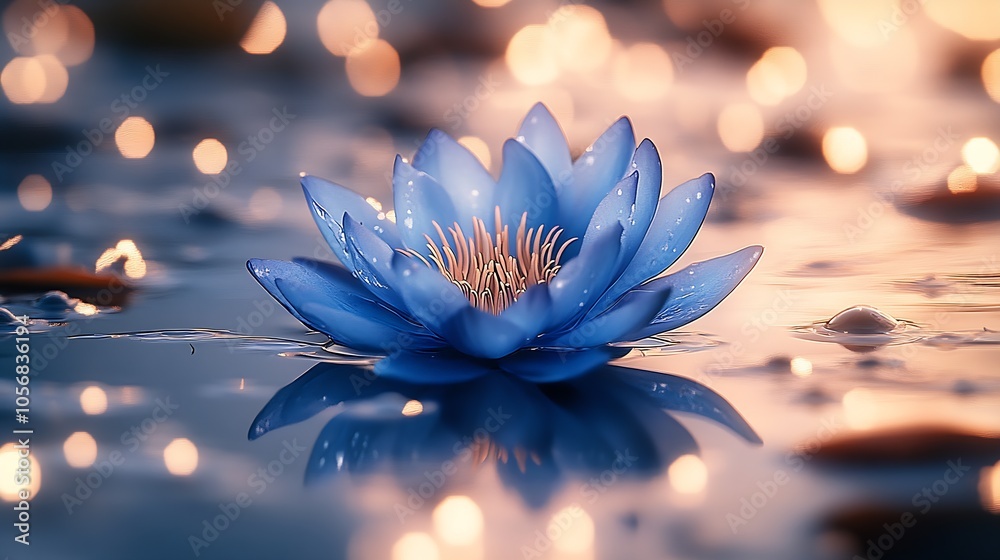 Poster tranquil blue lotus flower reflecting light on water with bokeh background : generative ai