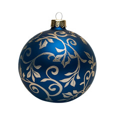 Blue ornament featuring intricate white swirl patterns isolated on white background, decoration for Christmas tree.