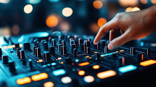 Close-up of a DJ mixing console with multicolored lights and a hand adjusting controls in a dimly lit setting.