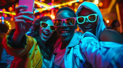 Group of friends taking a selfie at a nightclub, wearing colorful neon outfits and sunglasses, having fun together in nightclub party rave. illuminated neon lights, atmospherl of energy movement.