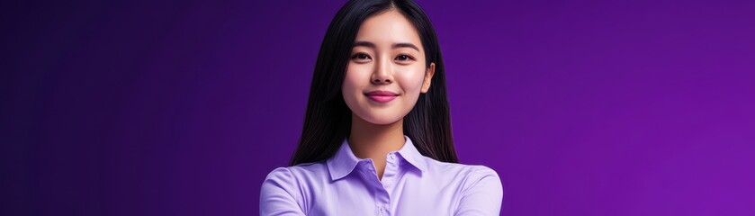 Creative Asian woman guiding team, purple background, collaborative teamwork energy