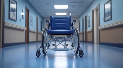 A sleek blue wheelchair sits in the middle of a hospital hallway