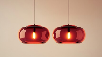 A set of two red pendant lamps in soft, muted tones against a neutral backdrop; minimal elegance meets warm ambiance.