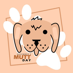 National Mutt Day to celebrate on December 2nd. Illustration of a cute dog with a paw icon on beige background. Animal event banner.