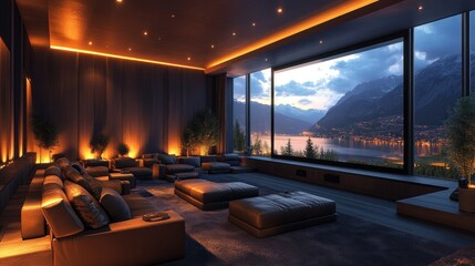 Naklejka premium Modern lounge with panoramic mountain view and ambient lighting.