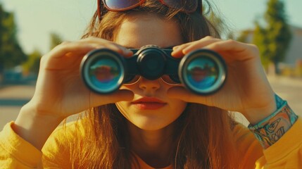 Young woman using binoculars to look into the distance