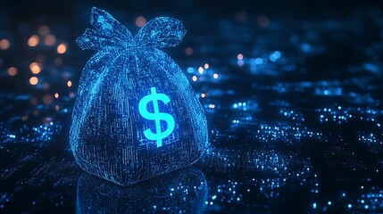Digital blue hologram money bag with a dollar
