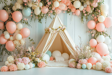 A whimsical decorative setup featuring a tent surrounded by pastel balloons and flowers, perfect for celebrations or children's events.
